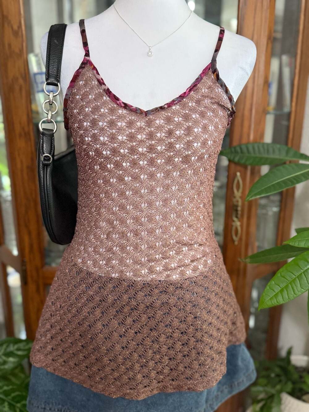 y2k inspired BKE Women's Brown Shimmer Metallic Crochet Knit Tank Top
